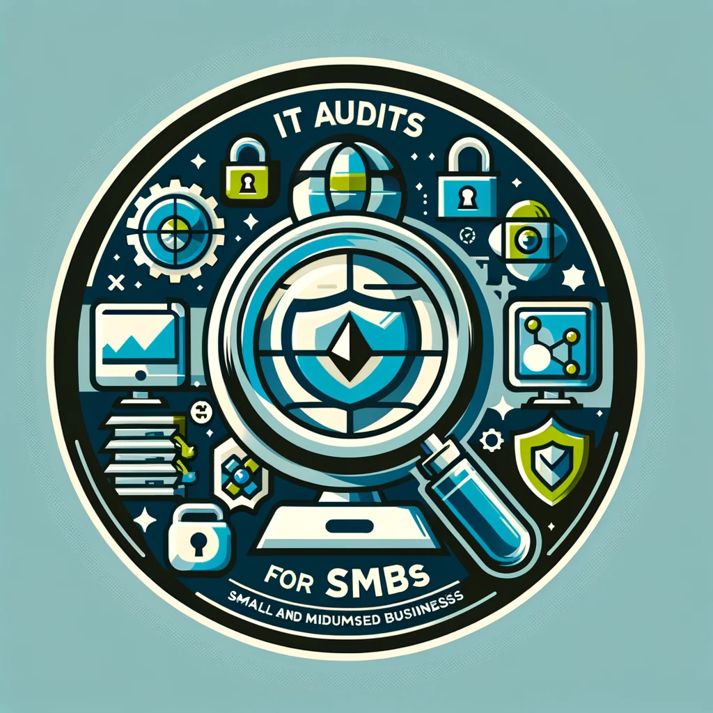 Graphic illustrating IT audits for SMBs with a magnifying glass, computer, lock, shield, and compliance icons. Text reads 'IT Audits for SMBs' and 'Rock Mountain Tech