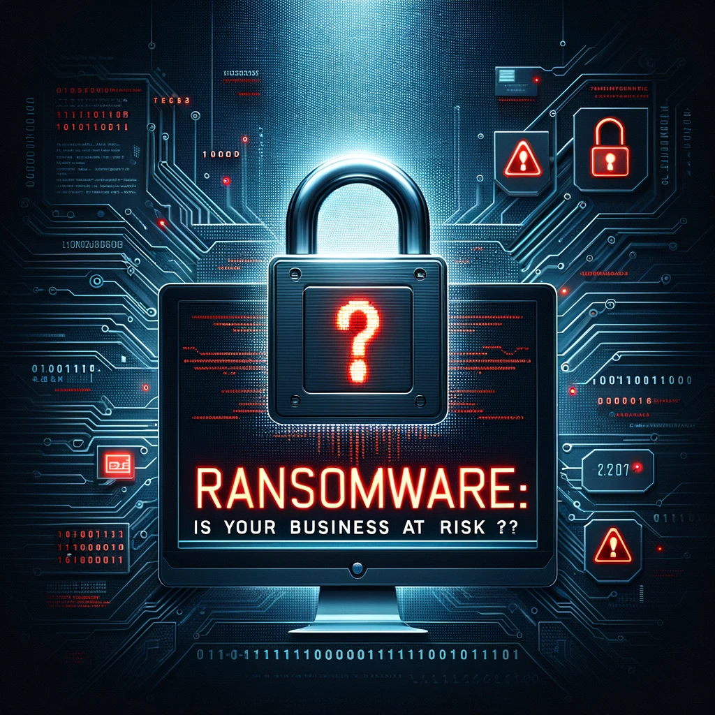 Thumbnail image for blog post titled 'Ransomware: Is Your Business at Risk?' featuring a padlock, computer screen with red warning sign, and digital background with binary code.